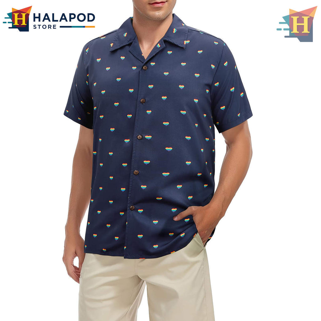 Navy Rainbow Heart Hawaiian Shirt Floral Print Novelty Casual Beach Fan Apparel