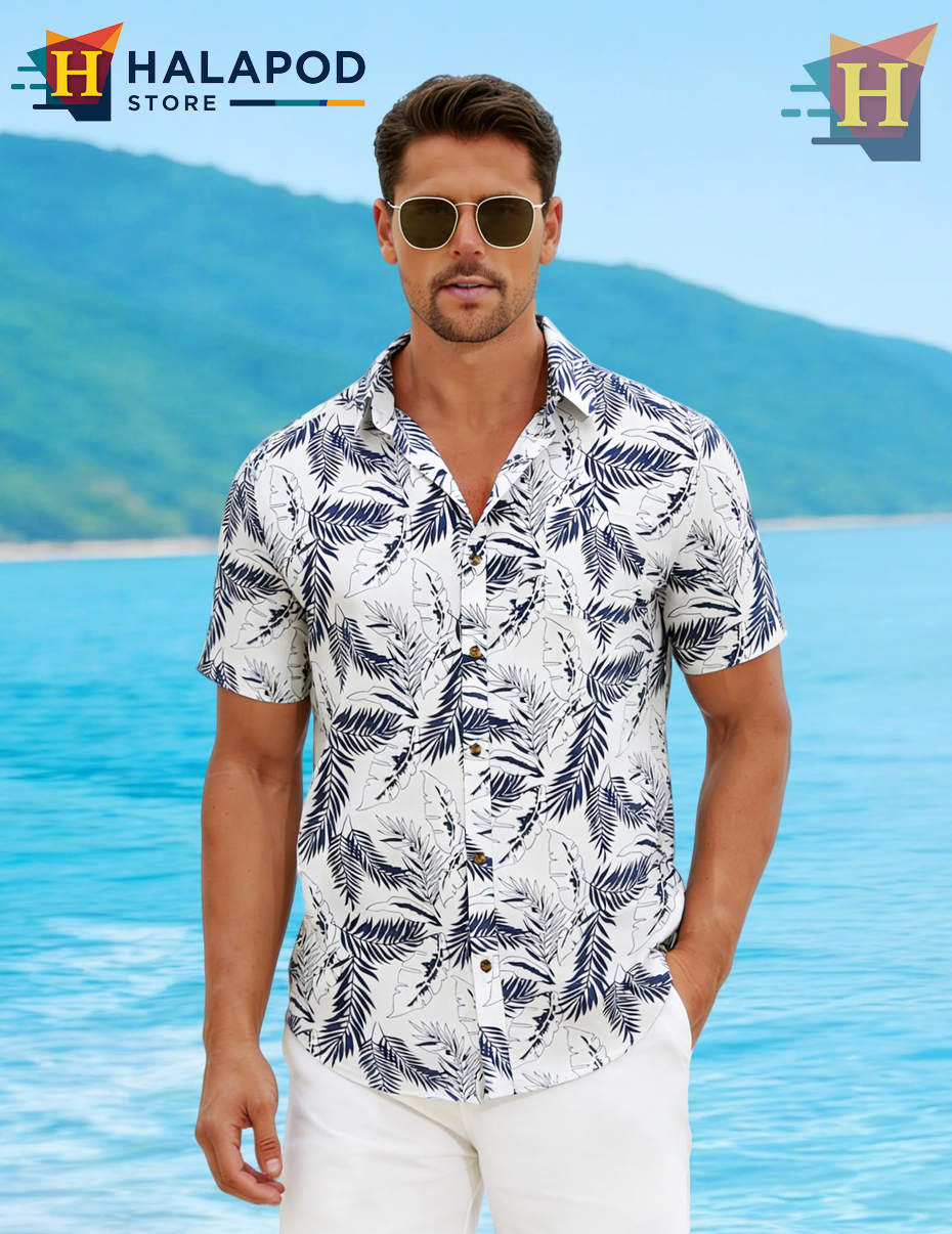 Navy White Leaf Hawaiian Shirt Casual Summer Beach Tropical Outfits Fan Apparel