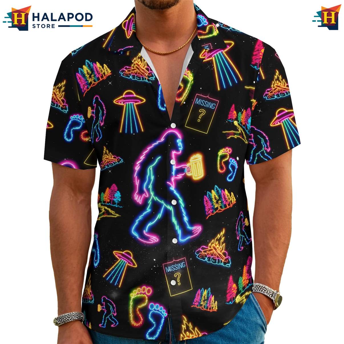 Neon Bigfoot Mens Funny Hawaiian Shirt Retro Graphic Aloha Summer Clothing