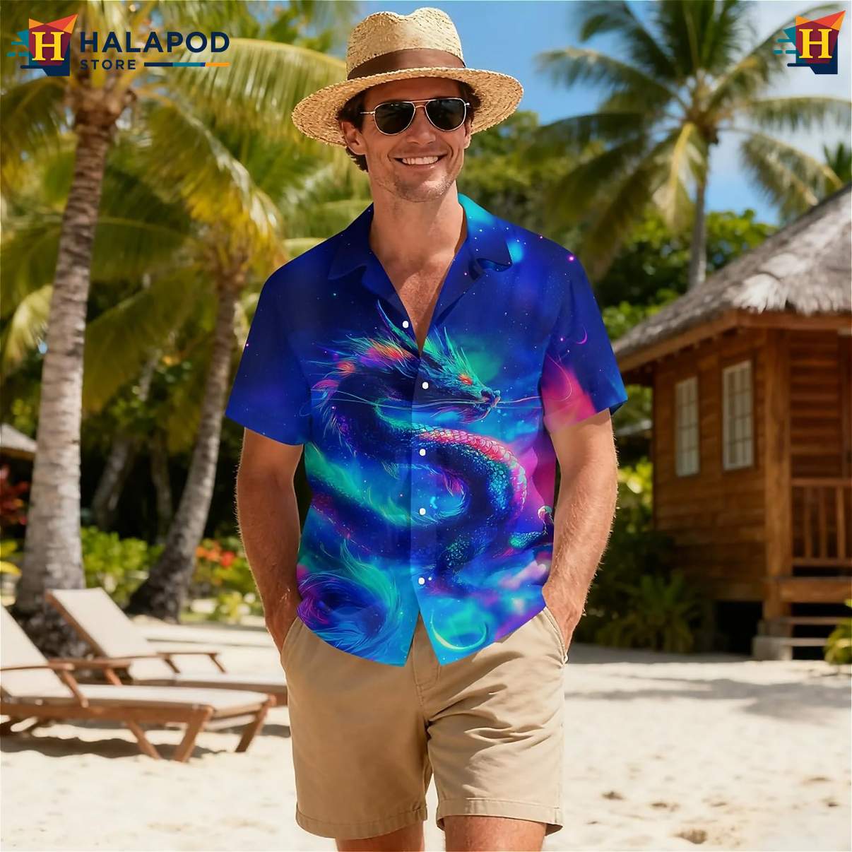 Neon Colorful Dragon Short-sleeve button-up shirt Tropical Short Sleeve Floral Apparel