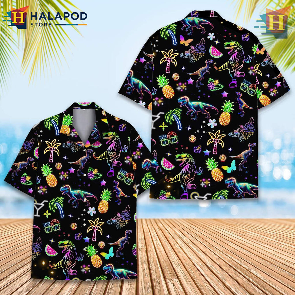 Neon Dinosaur Hawaiian Shirt Tropical Summer Beach Sasquatch Casual Fan Apparel