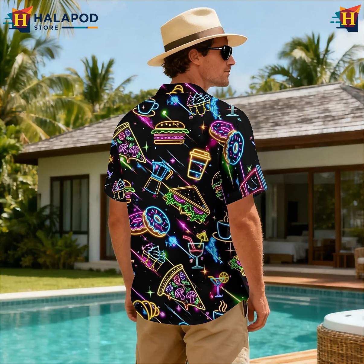 Neon Food Funny Tropical Tropical Shirt Short Sleeve Floral Button Down