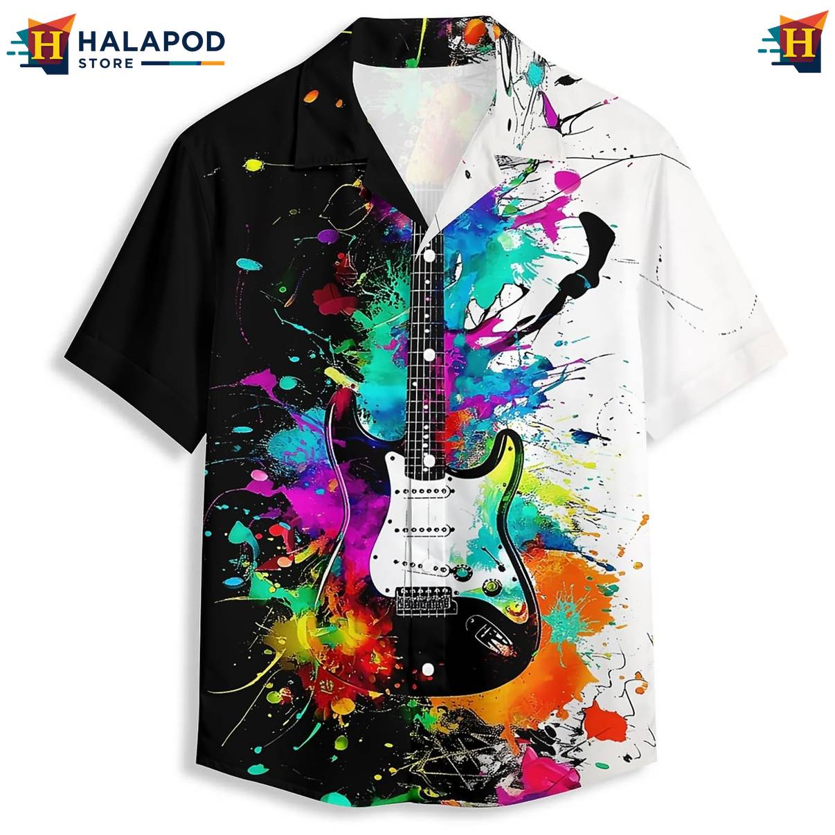 Neon Guitar Tropical Hawaiian Shirt Mens Short Sleeve Floral Button Down