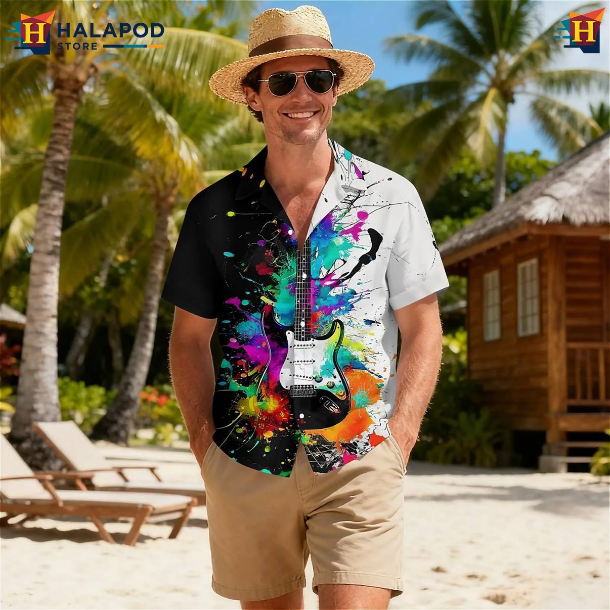 Neon Guitar Tropical Tropical Shirt Mens Short Sleeve Floral Button Down