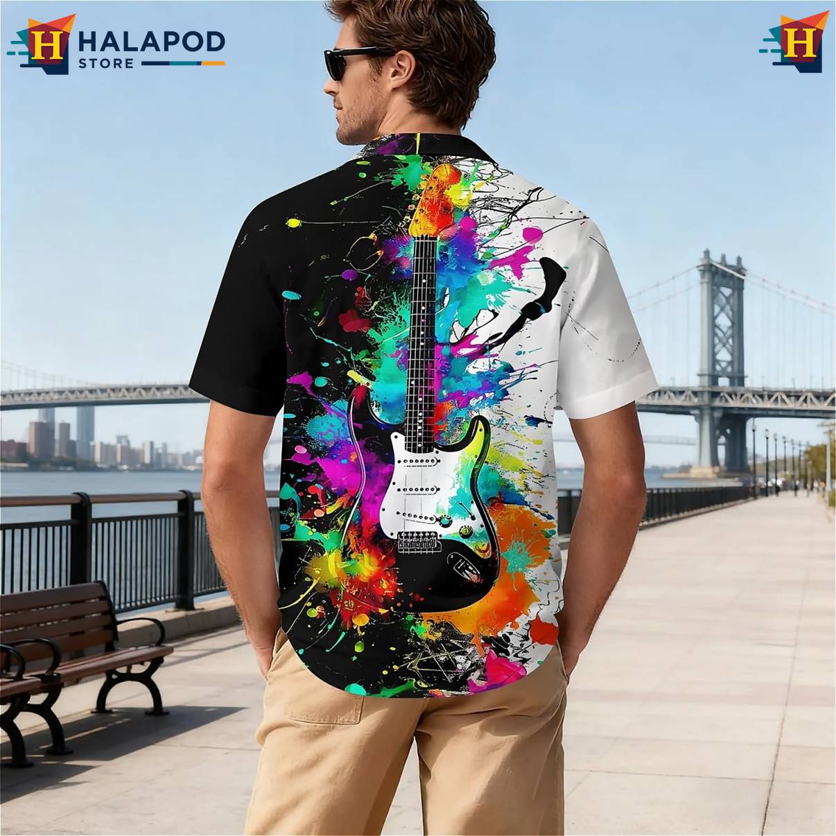 Neon Guitar Tropical Aloha Shirt Mens Short Sleeve Floral Button Down