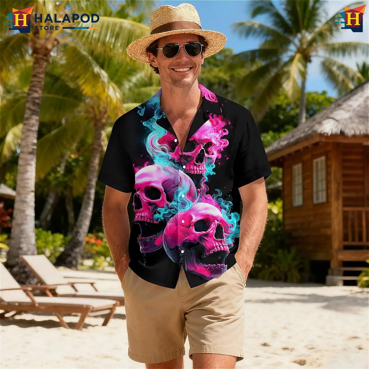 Neon Smoke Skull Tropical Short-sleeve button-up shirt Short Sleeve Floral Button Down
