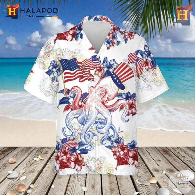 Octopus Patriotic Artwork On Matching Hawaiian Shirt 4th Of July Style
