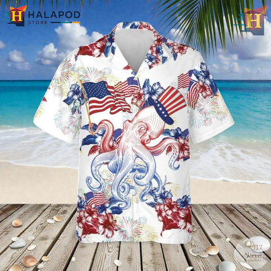 Octopus Patriotic Artwork On Matching Hawaiian Shirt 4th Of July Style