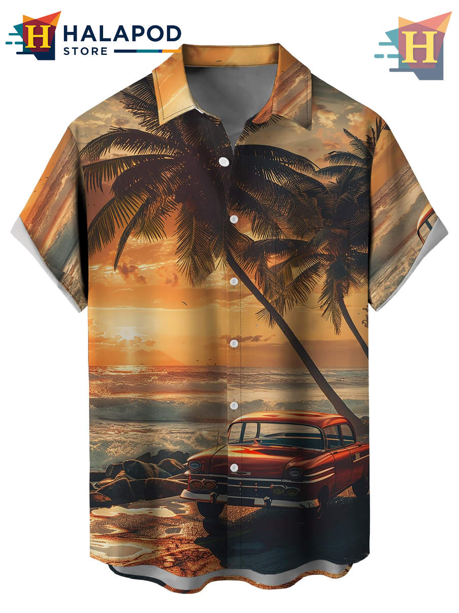 Orange Sunset Hawaiian Shirt Tropical Holiday Casual Summer Beach Fan Apparel