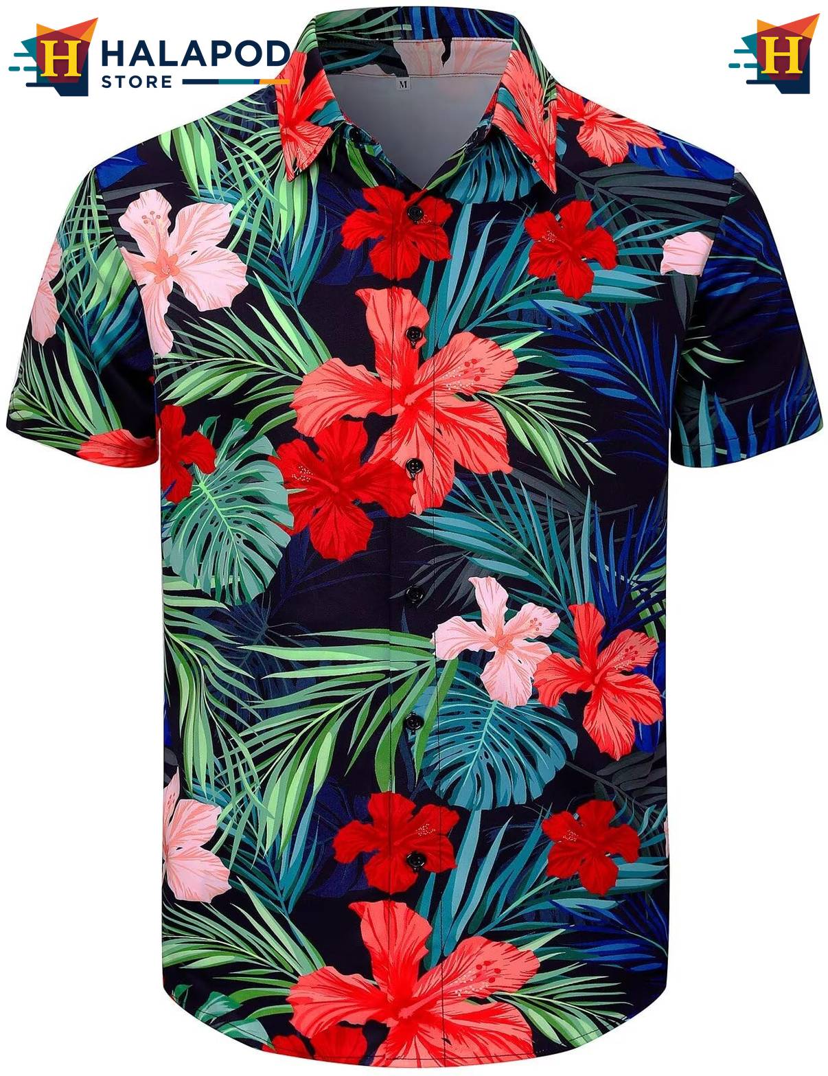 Palm Leaf Black Hawaiian Shirt Mens Tropical Beach Button Down Short Sleeve