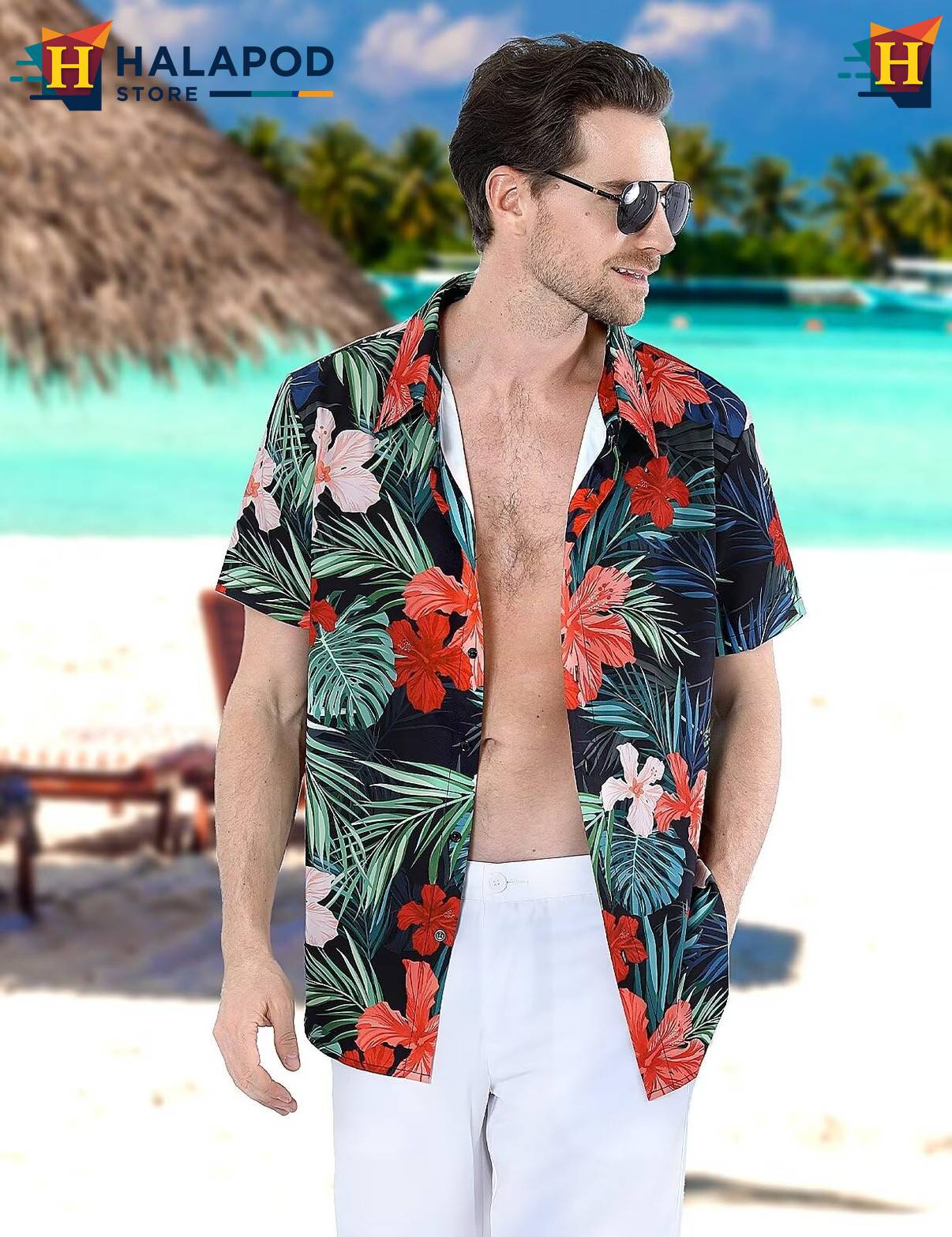 Palm Leaf Black Short-sleeve button-up shirt Mens Tropical Beach Button Down Short Sleeve