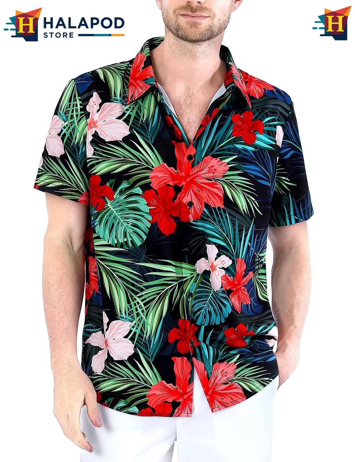 Palm Leaf Black Tropical Shirt Mens Tropical Beach Button Down Short Sleeve
