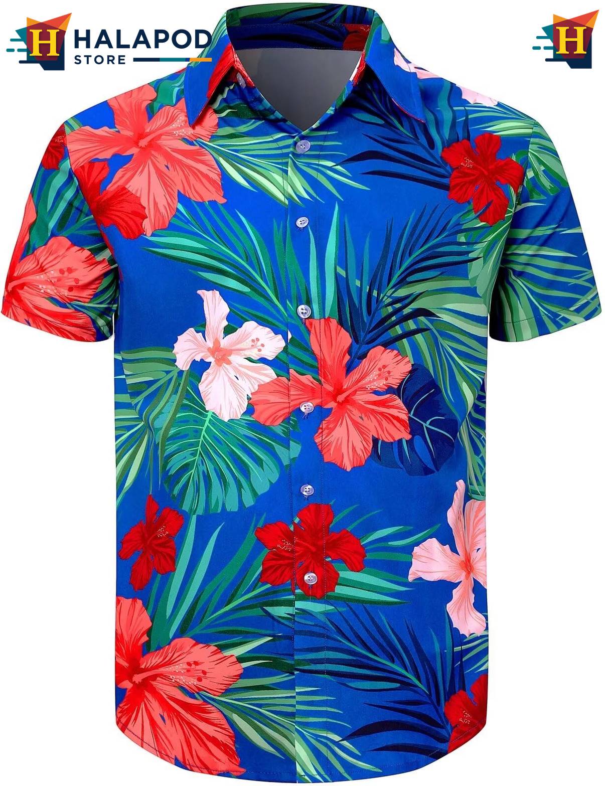 Palm Leaf Blue Hawaiian Shirt Mens Tropical Beach Button Down Short Sleeve