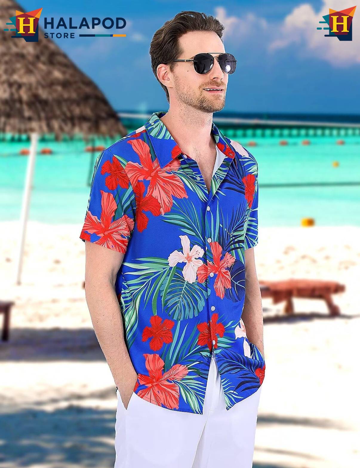 Palm Leaf Blue Short-sleeve button-up shirt Mens Tropical Beach Button Down Short Sleeve
