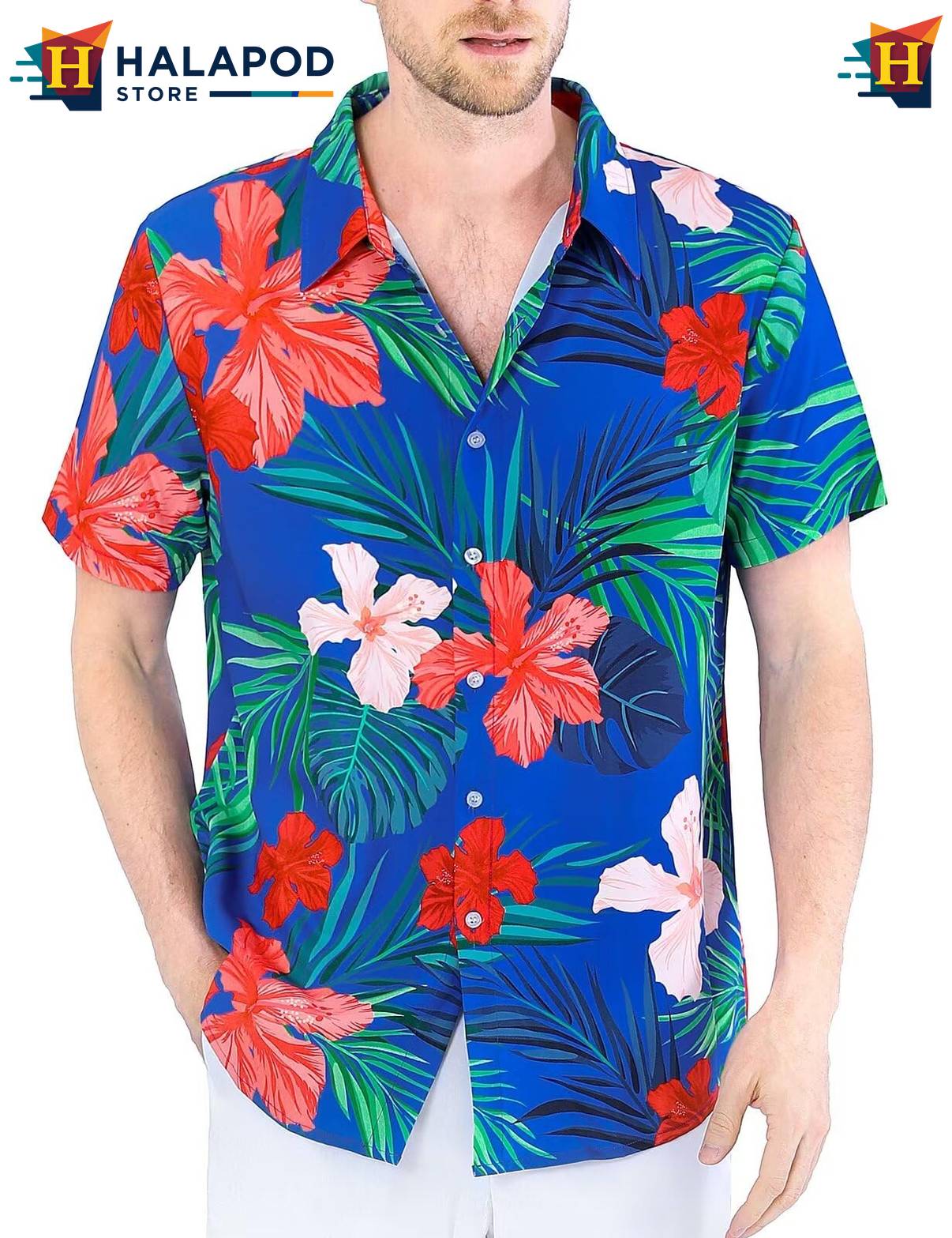 Palm Leaf Blue Tropical Shirt Mens Tropical Beach Button Down Short Sleeve