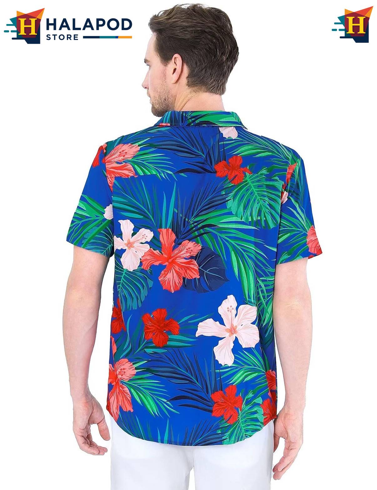 Palm Leaf Blue Aloha Shirt Mens Tropical Beach Button Down Short Sleeve