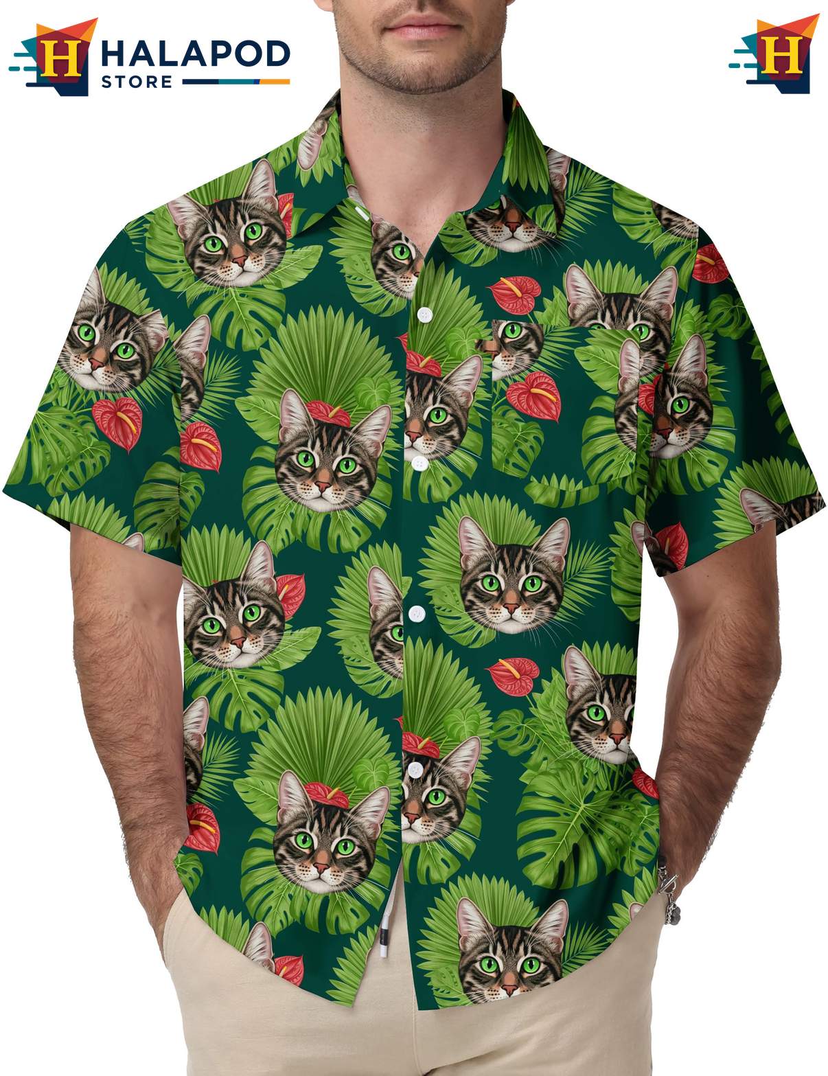 Palm Leaf Tabby Cat Hawaiian Shirt Tropical Funny Short Sleeve Casual Wear