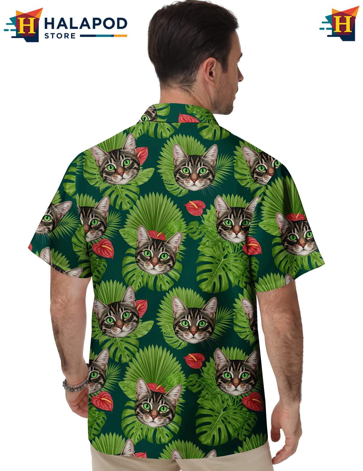 Palm Leaf Tabby Cat Short-sleeve button-up shirt Tropical Funny Short Sleeve Casual Wear