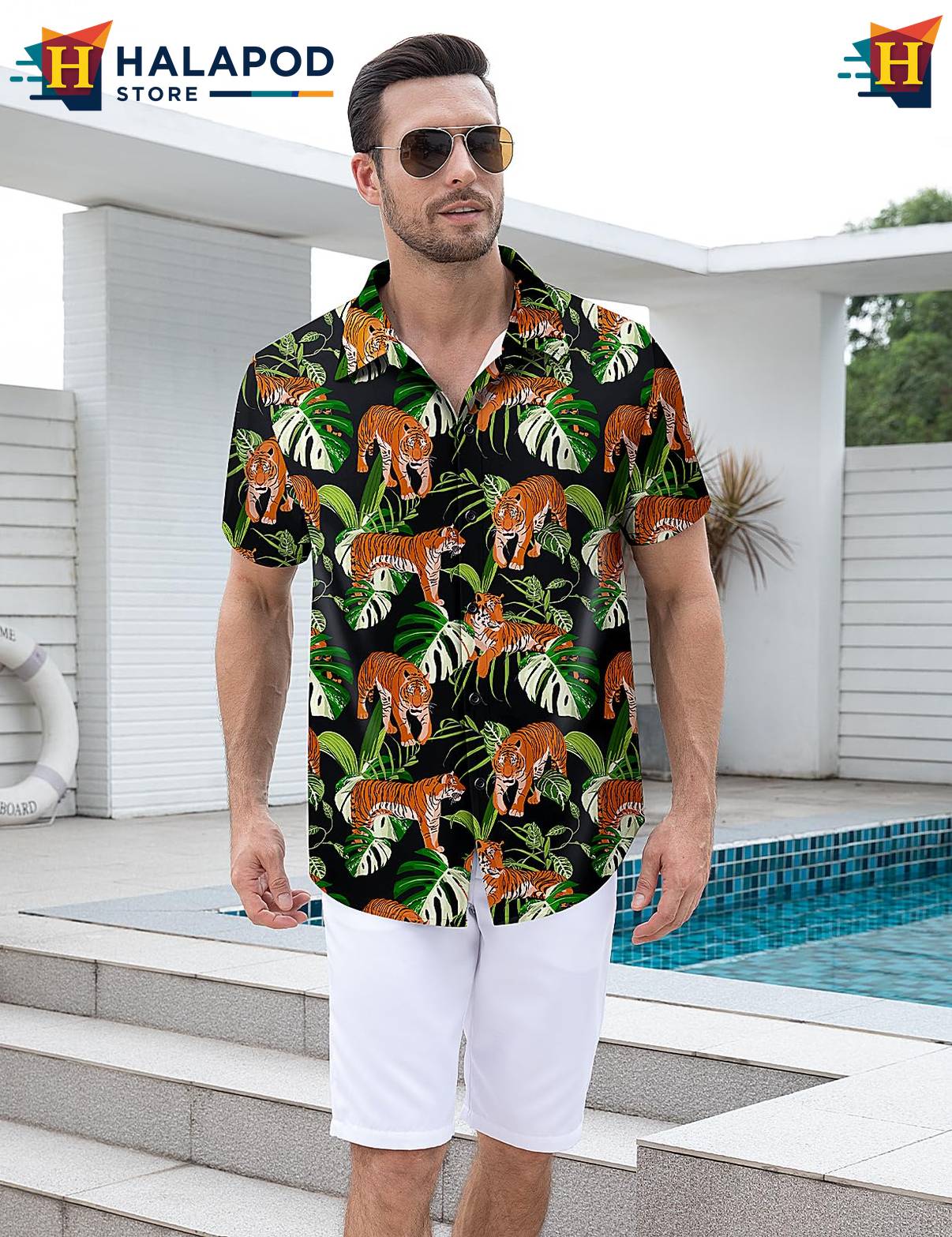 Palm Leaves Tiger Tropical Shirt Mens Tropical Beach Button Down Clothing