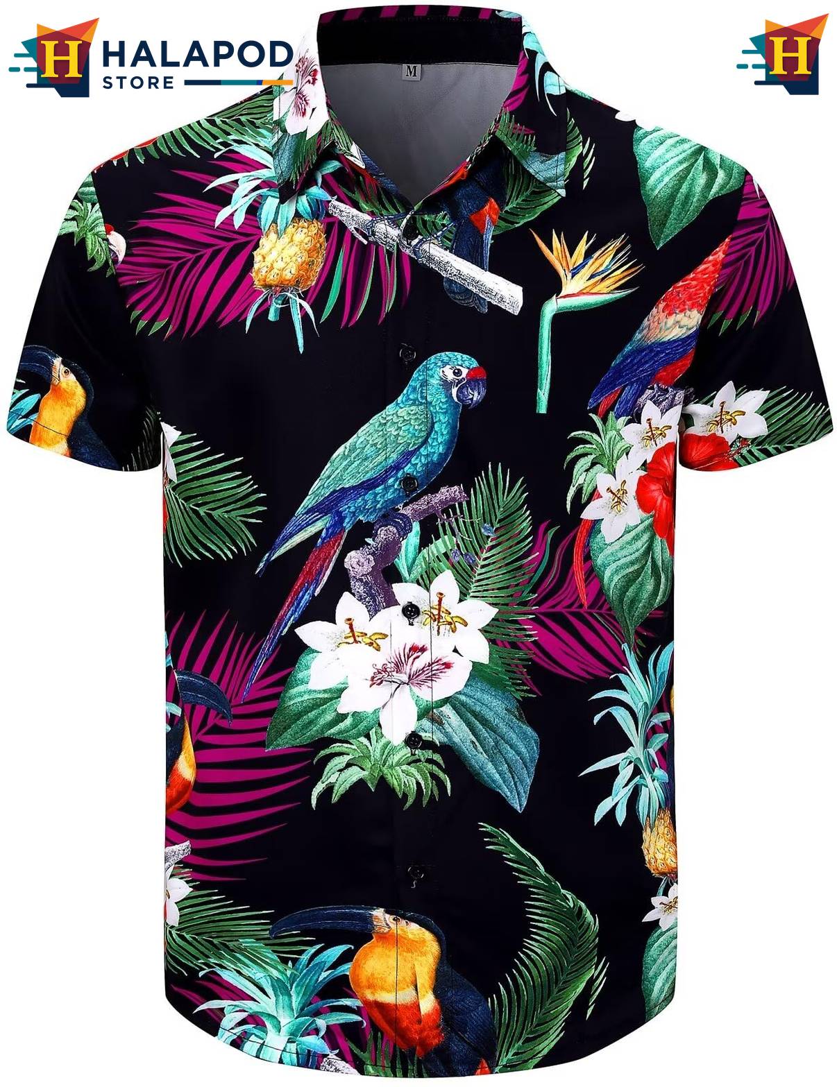 Parrot Black Hawaiian Shirt Mens Tropical Beach Button Down Short Sleeve