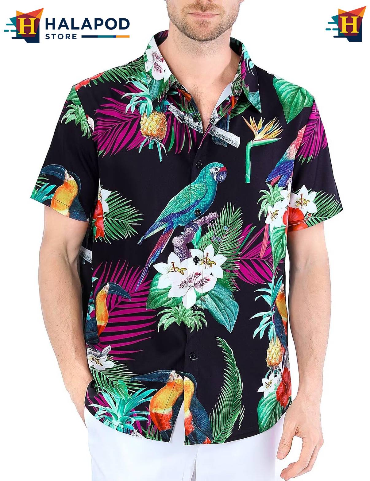 Parrot Black Tropical Shirt Mens Tropical Beach Button Down Short Sleeve