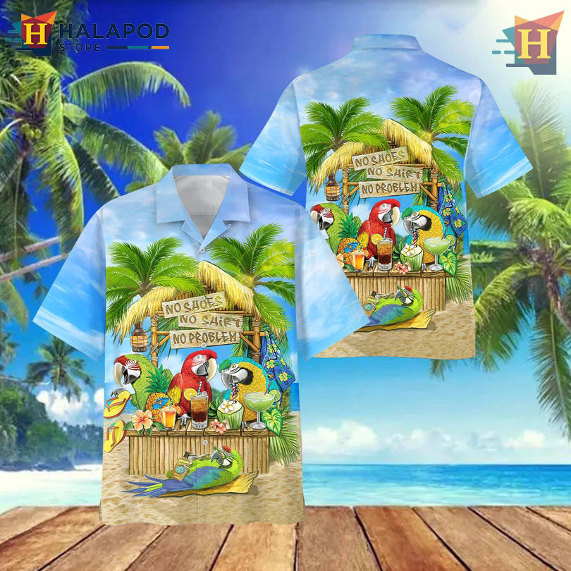 Parrot Cocktail No Shoes No Problem Hawaiian Button Up Shirt Tropical Summer Party