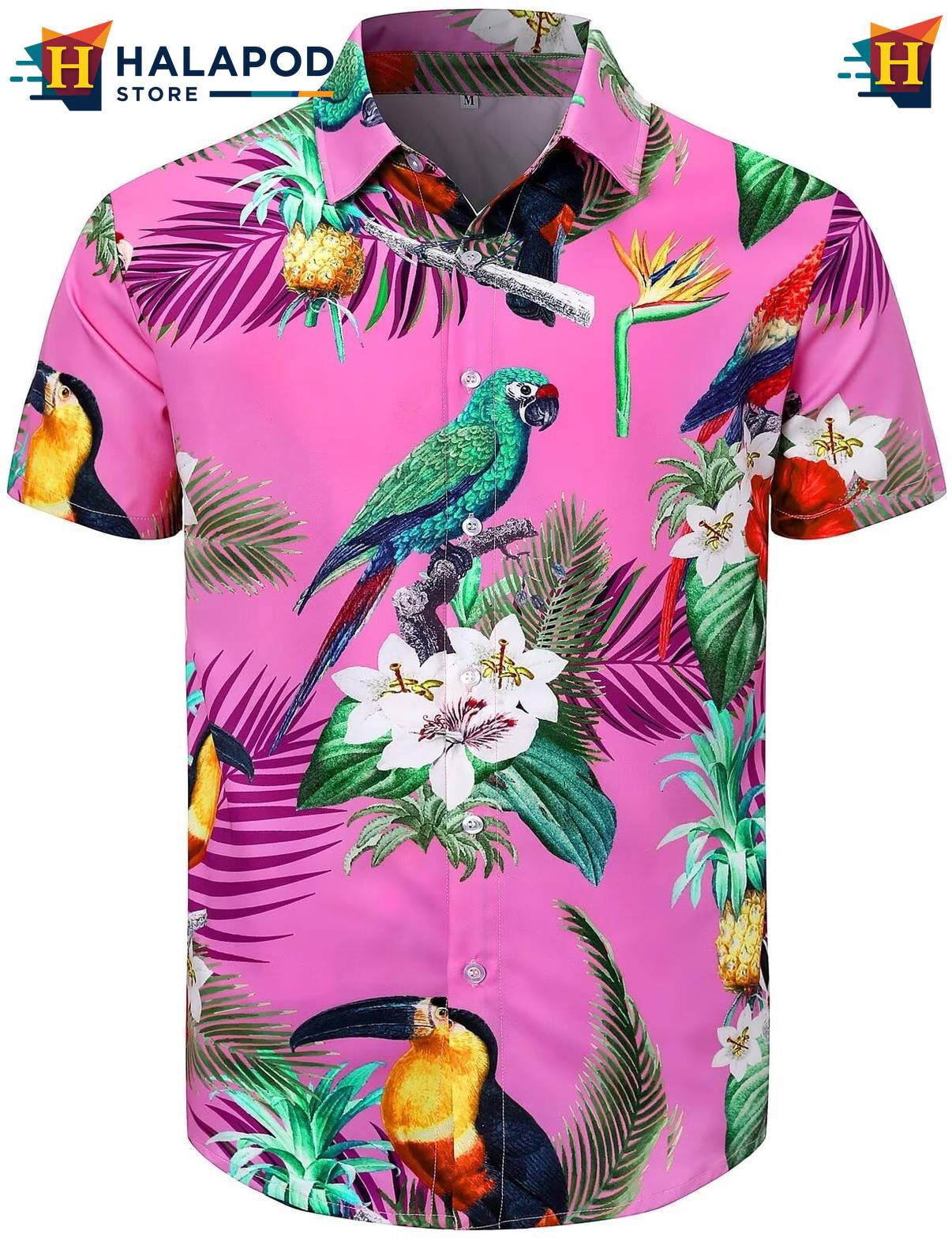 Parrot Pink Hawaiian Shirt Mens Tropical Beach Button Down Short Sleeve