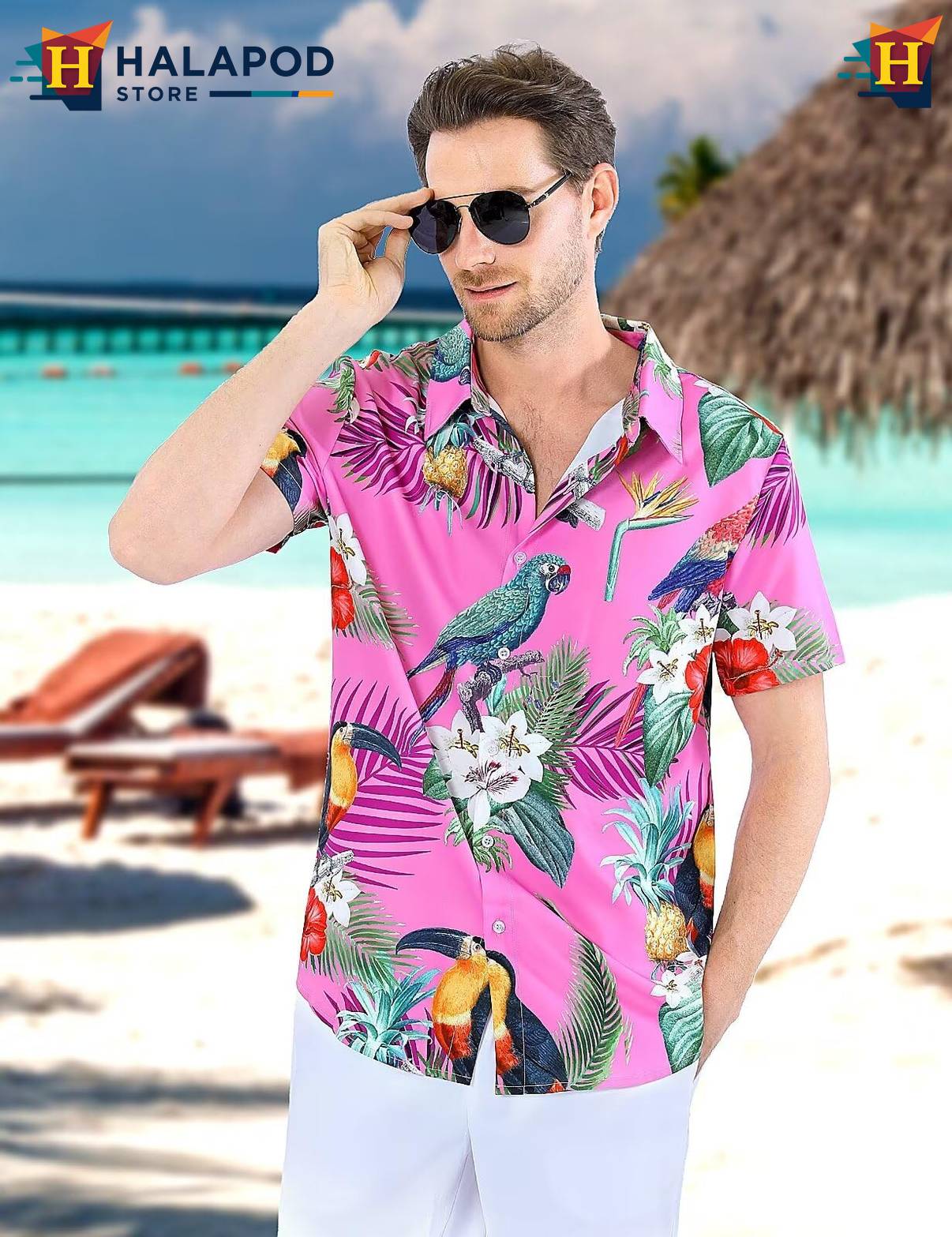 Parrot Pink Short-sleeve button-up shirt Mens Tropical Beach Button Down Short Sleeve