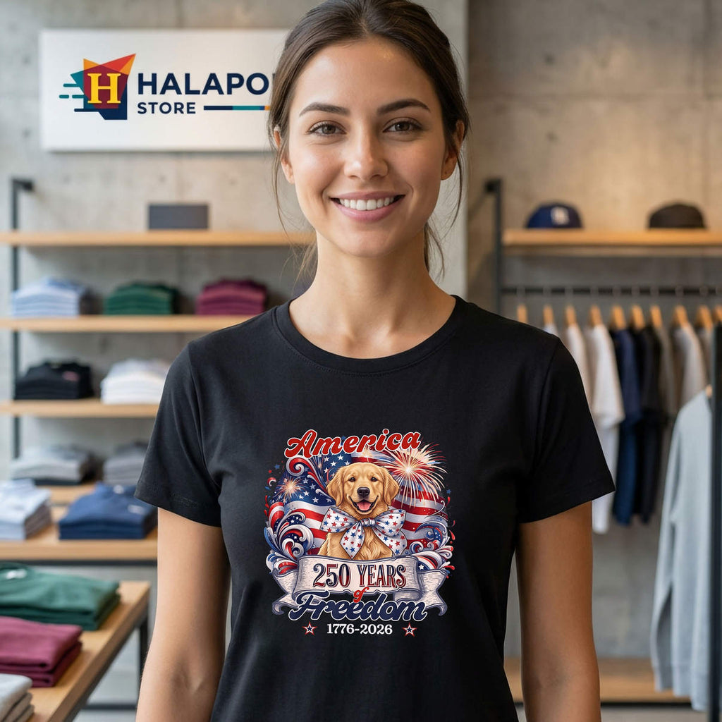 Patriotic 250th Retriever Shirt Golden Dog America USA 4th Of July Casual