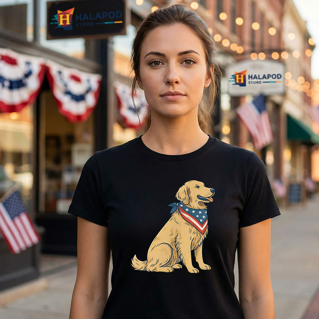 Patriotic Dog Golden Retriever Shirt With American Bandana Graphic Casual