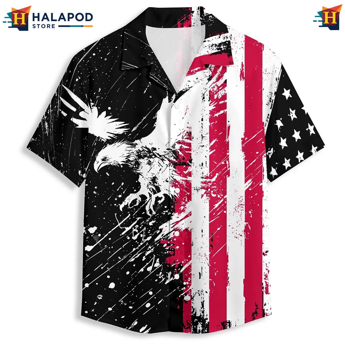 Patriotic Eagle Flag Print Shirt Mens Hawaiian Short Sleeve Floral Button