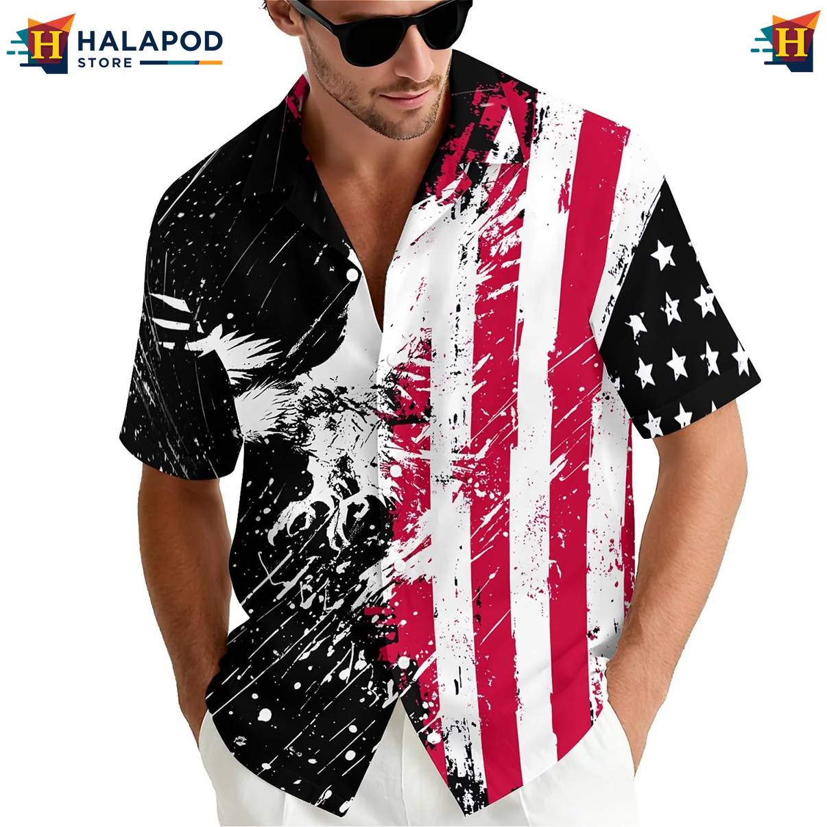 Patriotic Eagle Flag Print Tee Shirt Mens Hawaiian Short Sleeve Floral Button