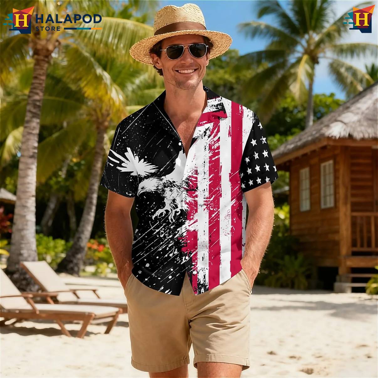 Patriotic Eagle Flag Print T-Shirt Mens Hawaiian Short Sleeve Floral Button