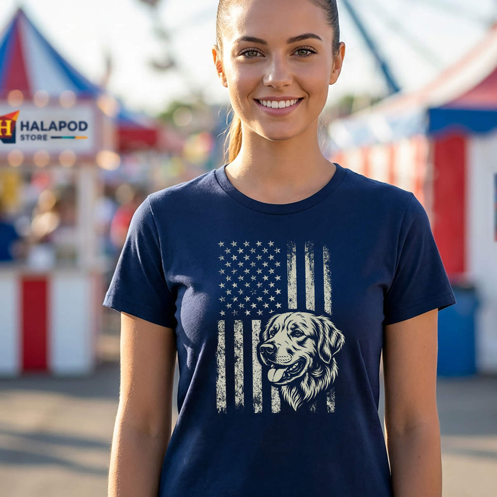 Patriotic Goldie Retriever Shirt 4th Of July American Flag Casual Graphic