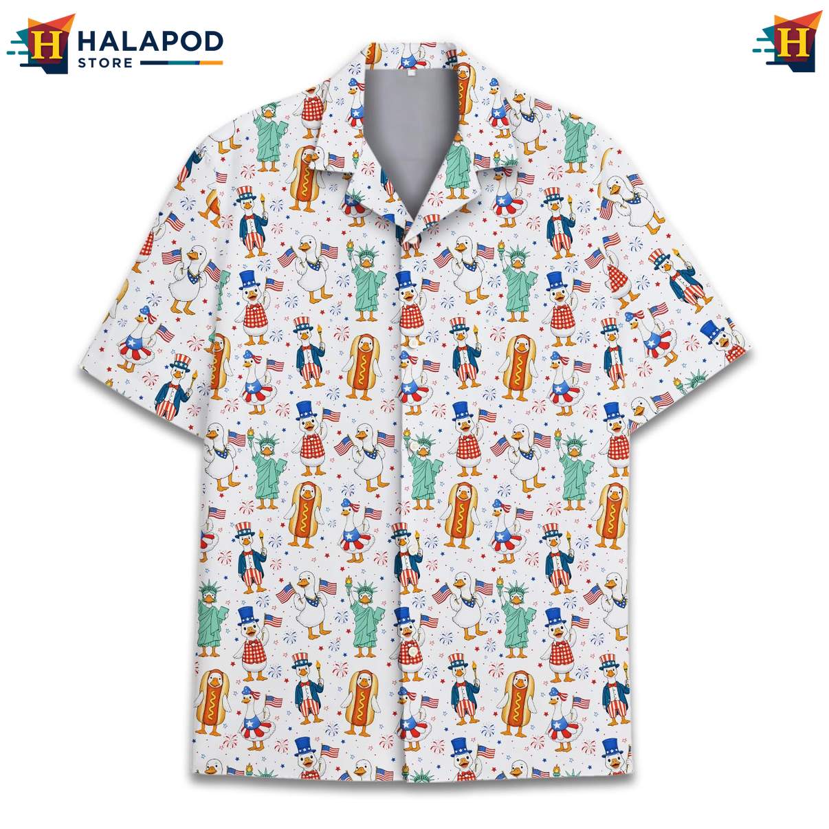 Patriotic Goose Aloha T-Shirt, Usa Flag Button Down Short Sleeve Shirt For Men, 4th Of July