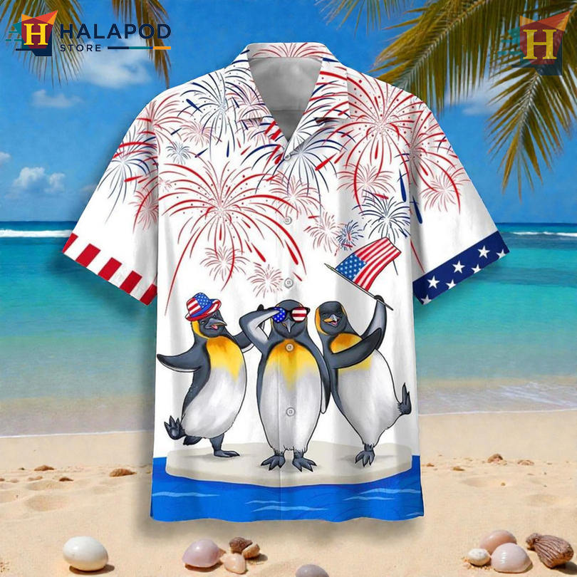 Patriotic Penguin Humor Graphic On Beach Hawaiian Shirt Summer Holiday Wear