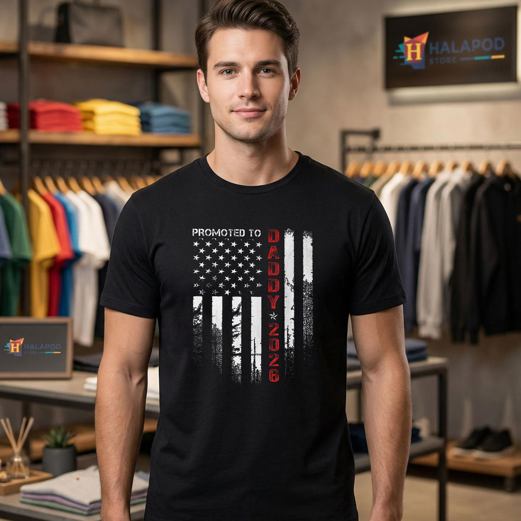 Patriotic Promoted To Daddy Est Shirt 2026 New Dad Fathers Day Fan Apparel