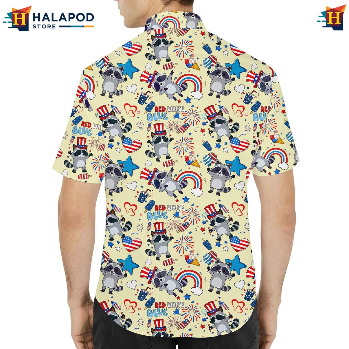Patriotic Raccoon Short-sleeve button-up shirt USA Flag 4th Of July Button Down Apparel