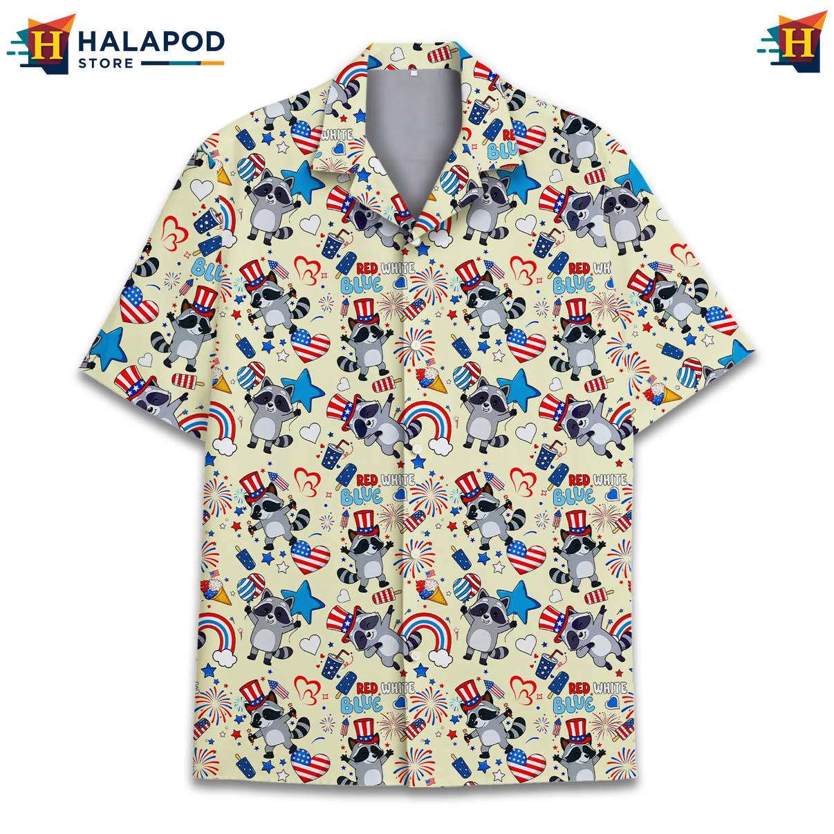 Patriotic Raccoon Short-sleeve button-up shirt USA Flag 4th Of July Button Down Apparel