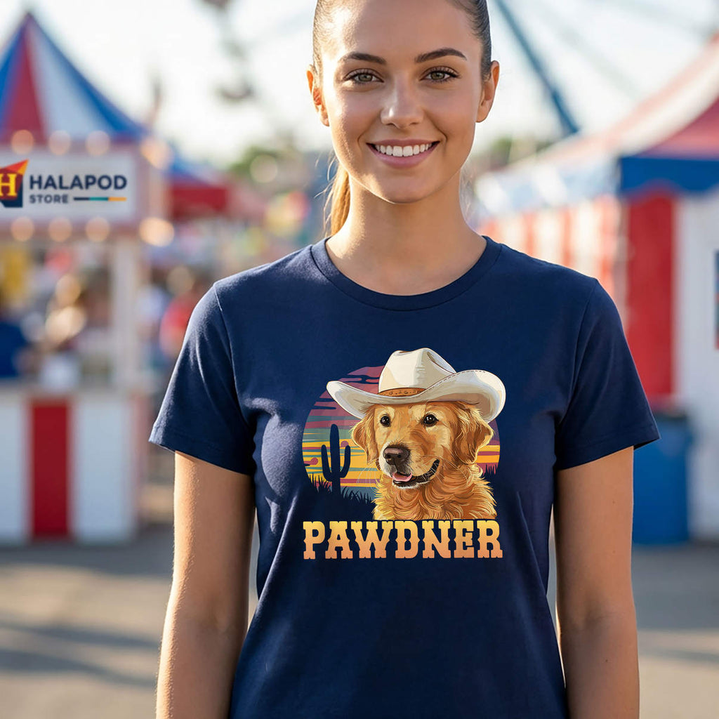 Pawdner Cowboy Hat Retriever Shirt Western Golden Dog Mom Graphic Womens