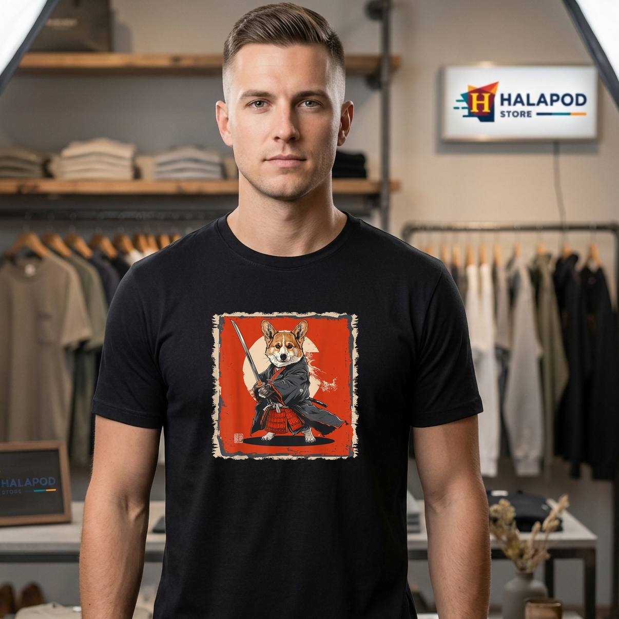 Pembroke Corgi Dog Samurai Tee Shirt Japanese Art Ukiyo E Graphic Apparel Men
