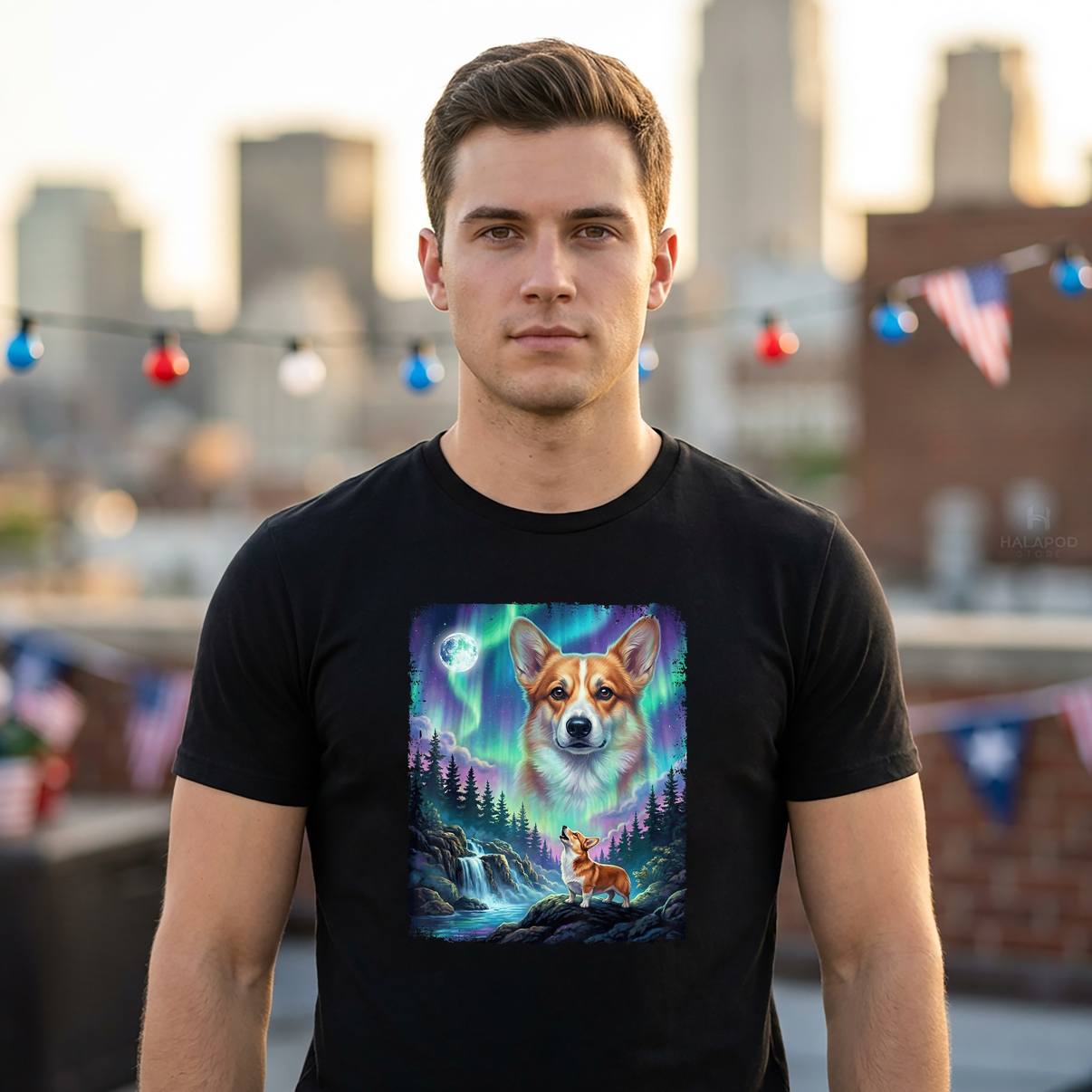 Pembroke Welsh Corgi Aurora Tee Shirt Howling Dog Graphic Design Apparel Mens