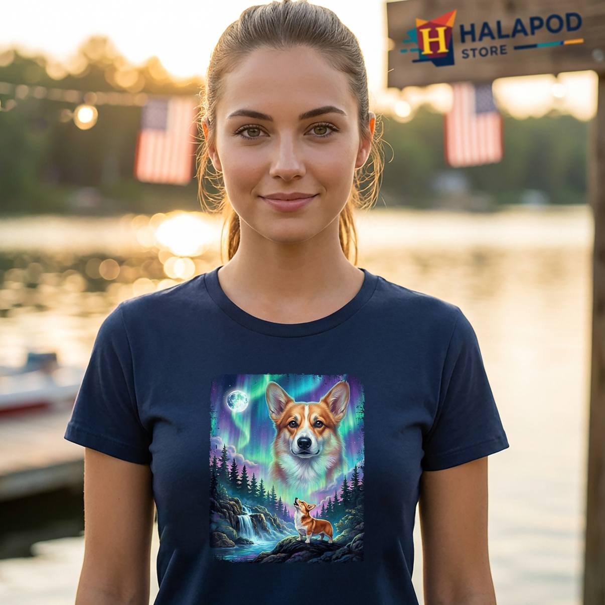 Pembroke Welsh Corgi Aurora TShirt Howling Dog Graphic Design Apparel Mens