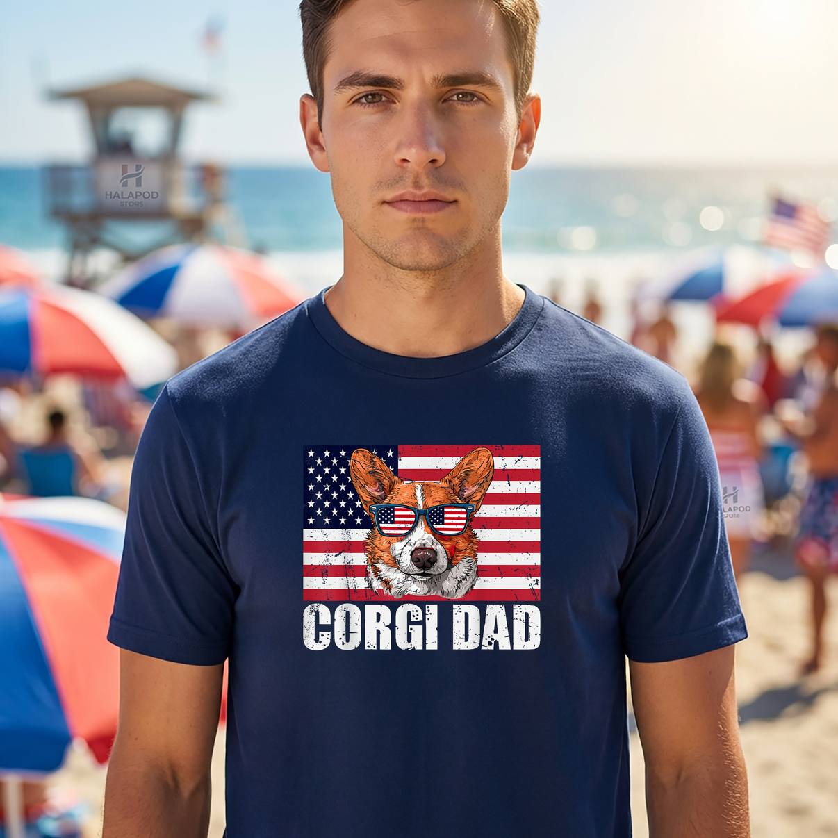 Pembroke Welsh Corgi Dad Tee Shirt US Flag 4th Of July Patriotic Graphic Men