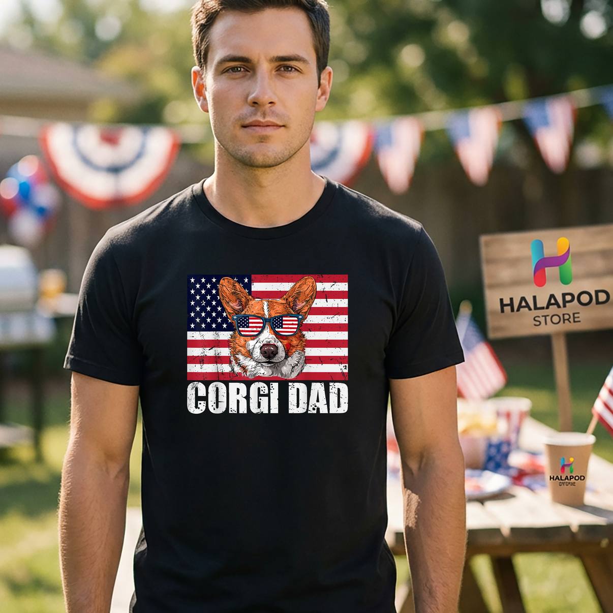 Pembroke Welsh Corgi Dad TShirt US Flag 4th Of July Patriotic Graphic Men