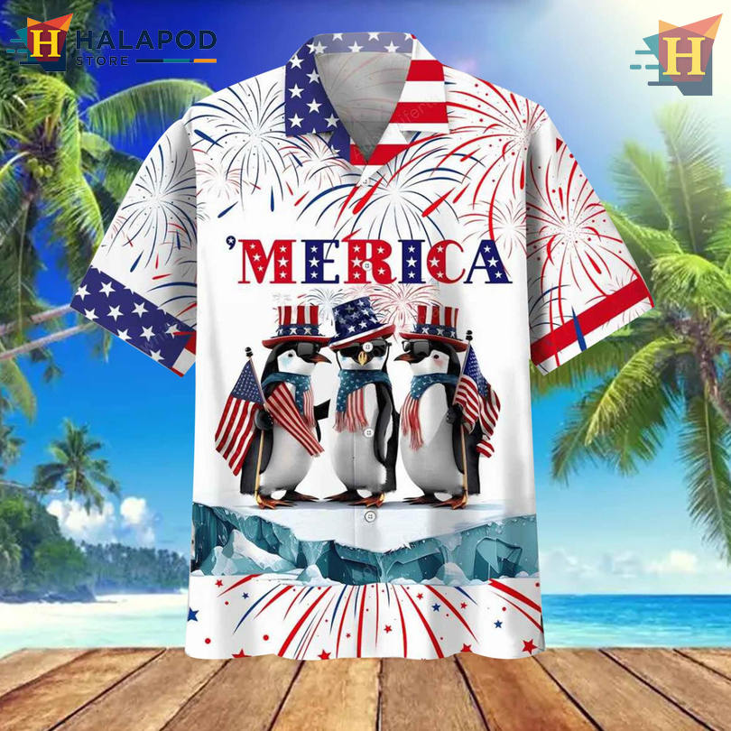 Penguins Fourth Of July Merica Button Up Tropical Shirt Patriotic Beach Wear