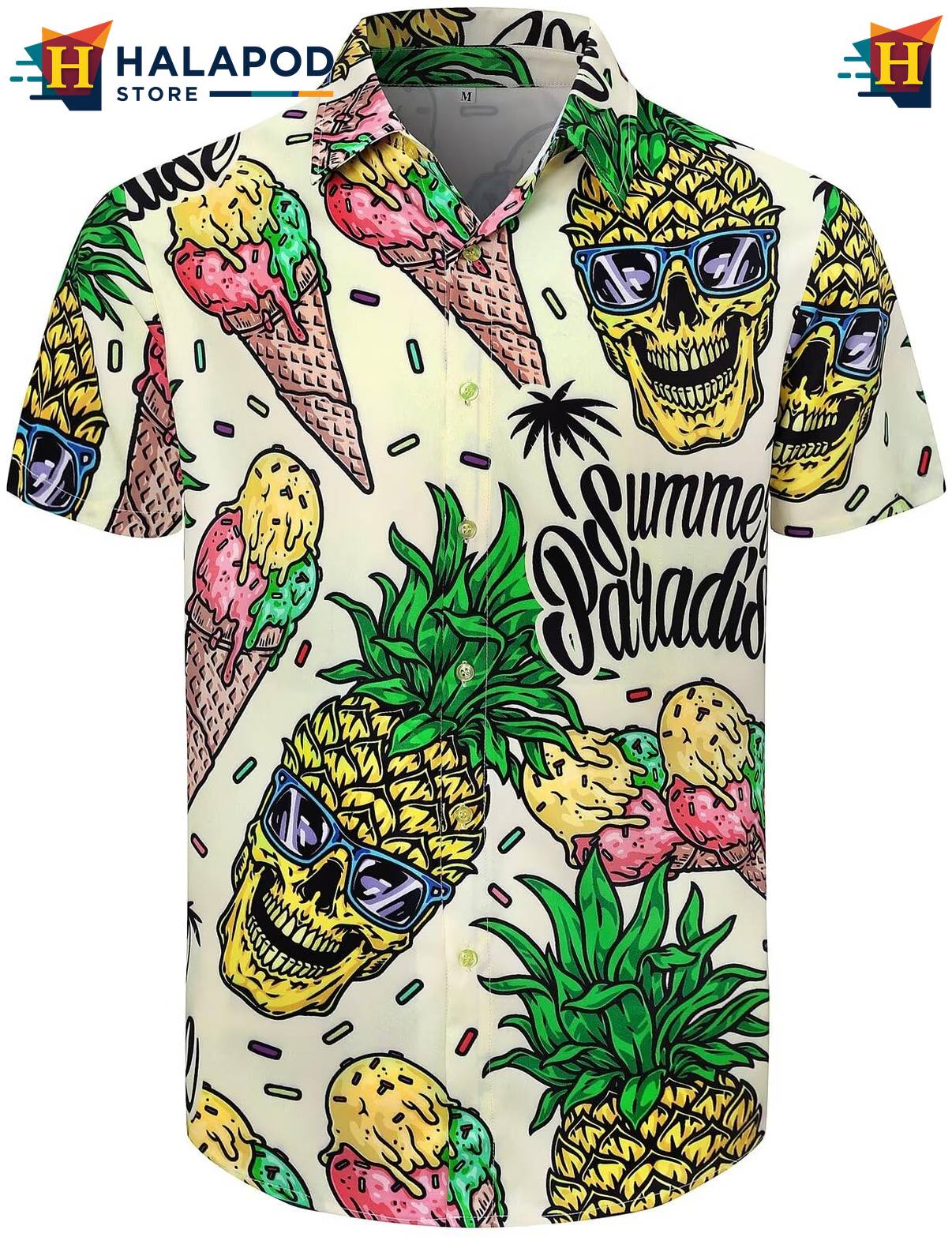 Pineapple Ice Cream Hawaiian Shirt Mens Tropical Beach Button Down Apparel