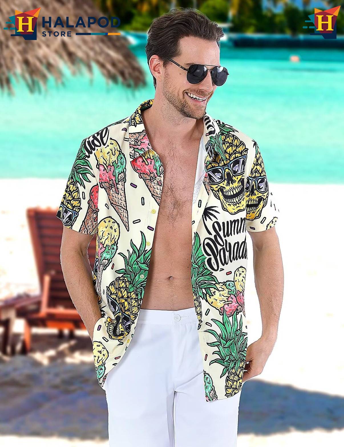 Pineapple Ice Cream Short-sleeve button-up shirt Mens Tropical Beach Button Down Apparel
