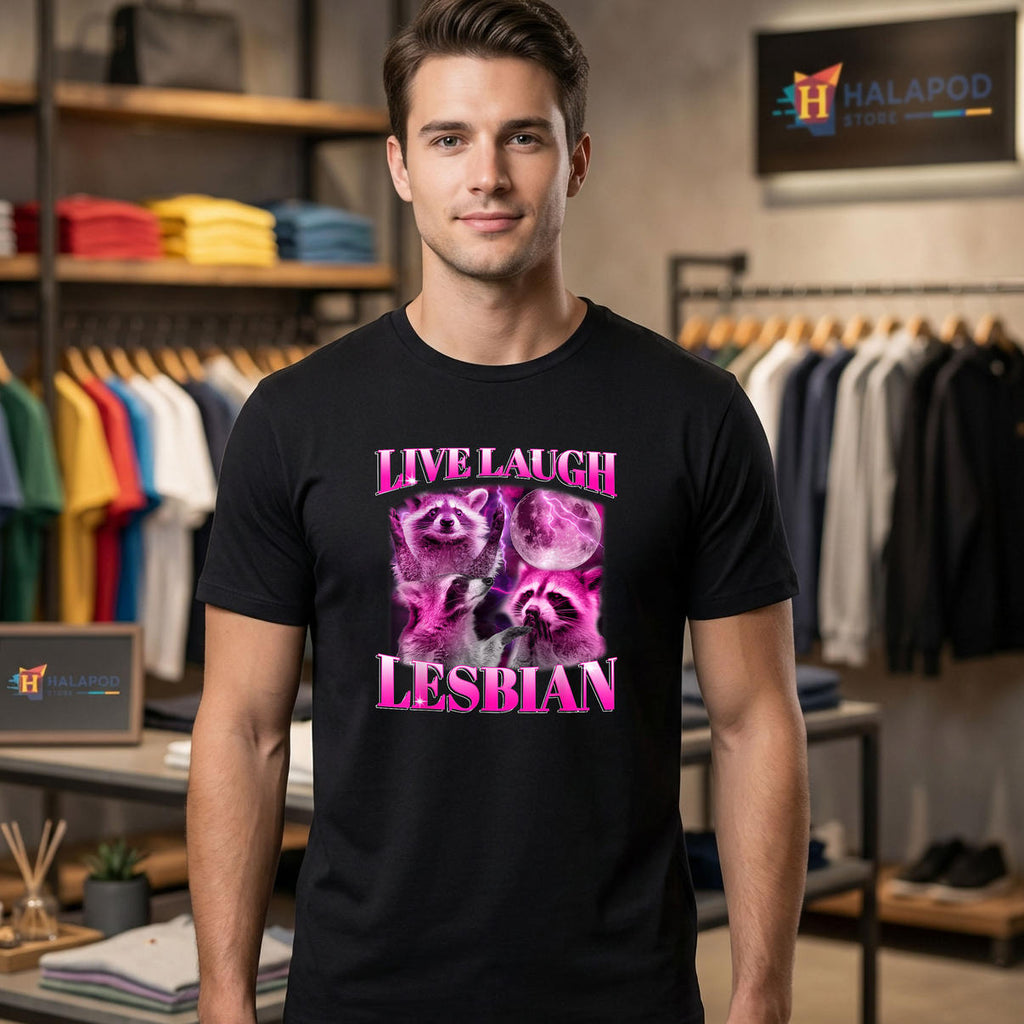 Pink Raccoon Live Laugh Lesbian Shirt 2026 Funny LGBTQ Pride Month Apparel