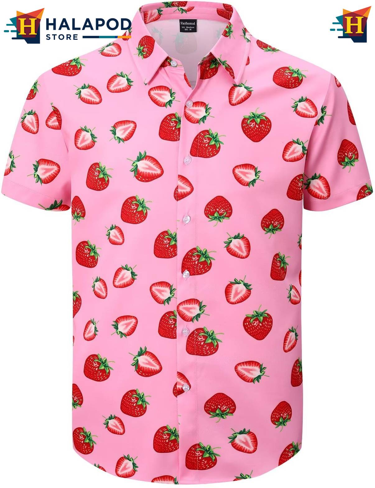 Pink Strawberry Hawaiian Shirt Mens Tropical Beach Button Down Short Sleeve